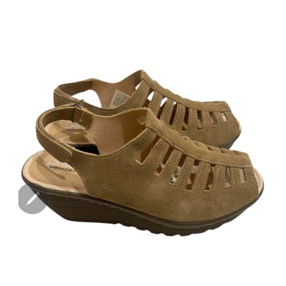 Skechers Parallel Women Brown Suede Wedge Sandals Memory Foam Peep Toe Size 8.5